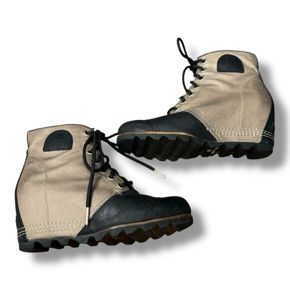 Sorel PDX Wedge Bootie Black Tan Leather Canvas Waterproof Lace Up Women's Sz 9 - Picture 5 of 10